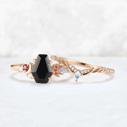 Nature Inspired Coffin Shaped Black Onyx Gemstone Ring Set 2pcs