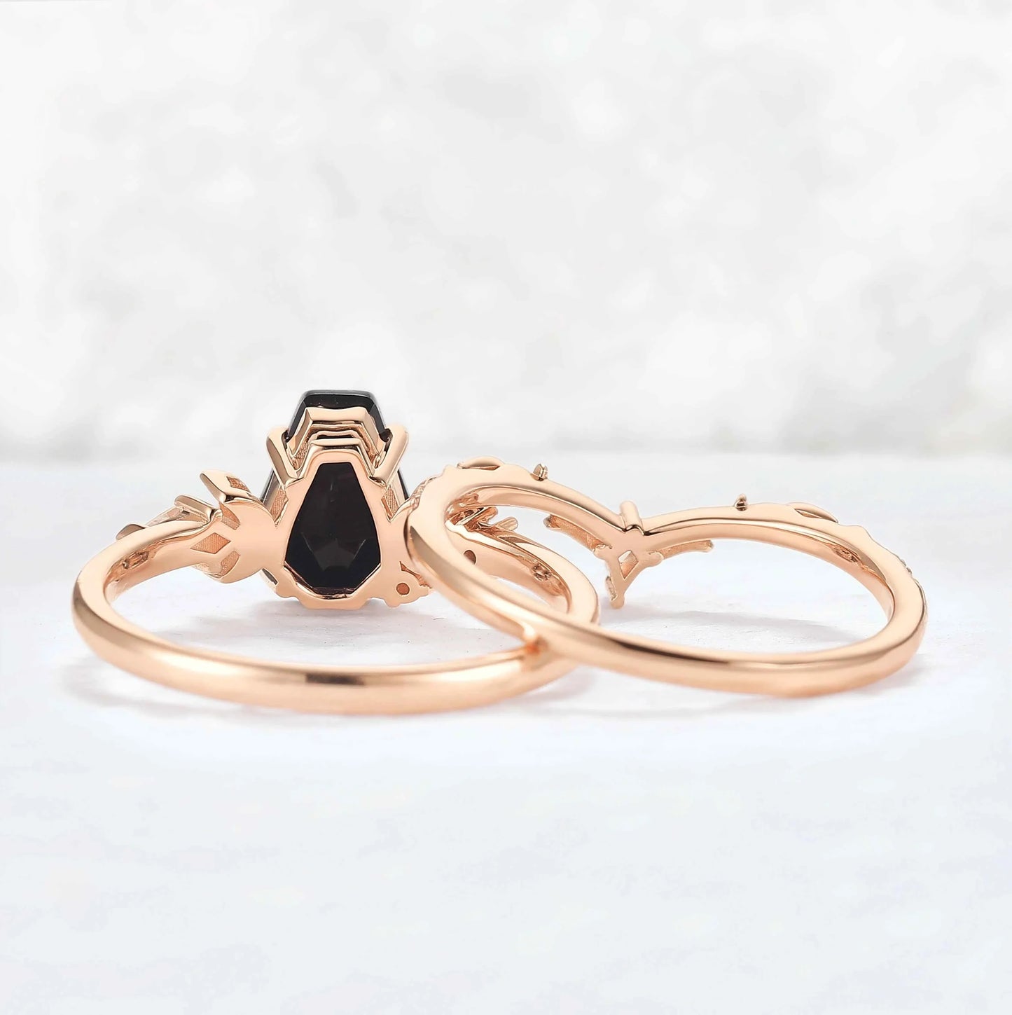 Nature Inspired Coffin Shaped Black Onyx Gemstone Ring Set 2pcs