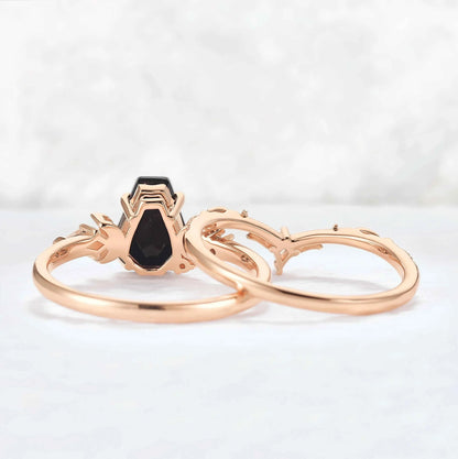 Nature Inspired Coffin Shaped Black Onyx Gemstone Ring Set 2pcs