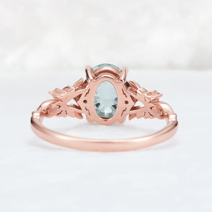 Nature Inspired Fire Cut Lab Green Sapphire Leafy Gemstone Ring