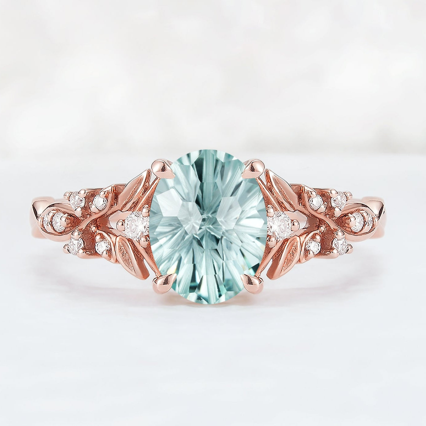 Nature Inspired Fire Cut Lab Green Sapphire Leafy Gemstone Ring