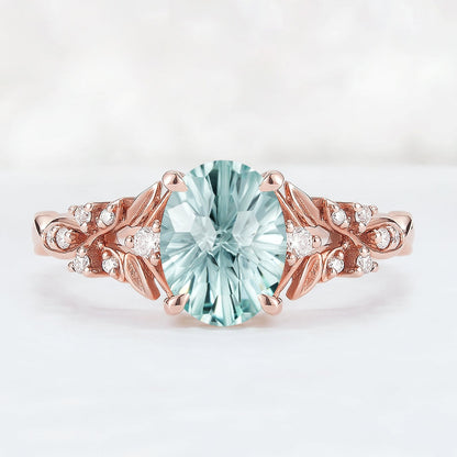 Nature Inspired Fire Cut Lab Green Sapphire Leafy Gemstone Ring