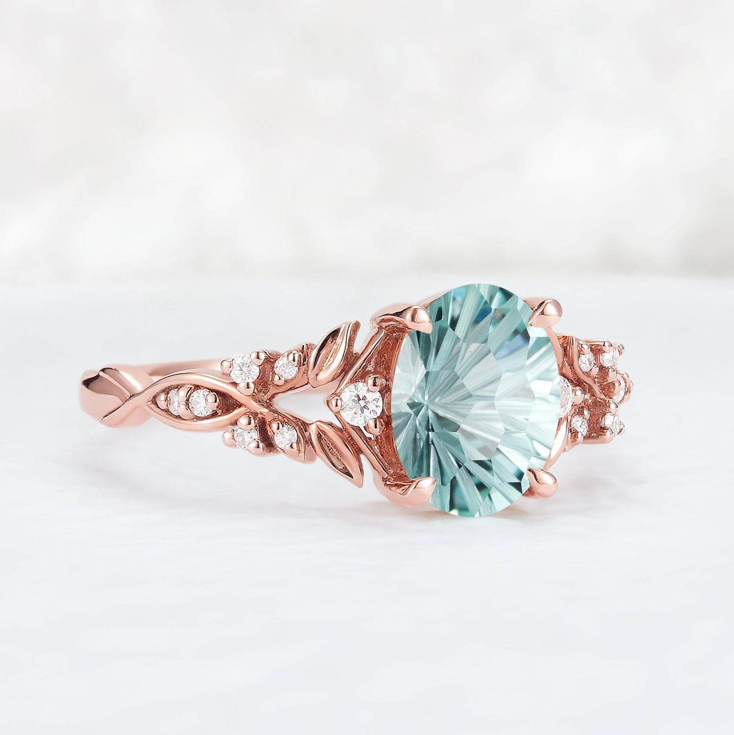 Nature Inspired Fire Cut Lab Green Sapphire Leafy Gemstone Ring