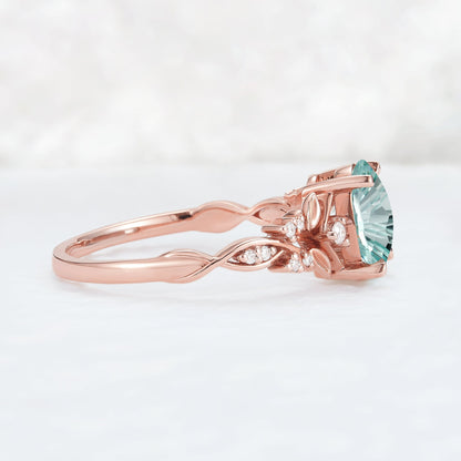 Nature Inspired Fire Cut Lab Green Sapphire Leafy Gemstone Ring