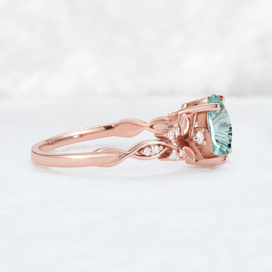 Nature Inspired Fire Cut Lab Green Sapphire Leafy Gemstone Ring