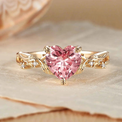 Nature Inspired Heart Cut Pink Sapphire Leafy Gemstone Ring