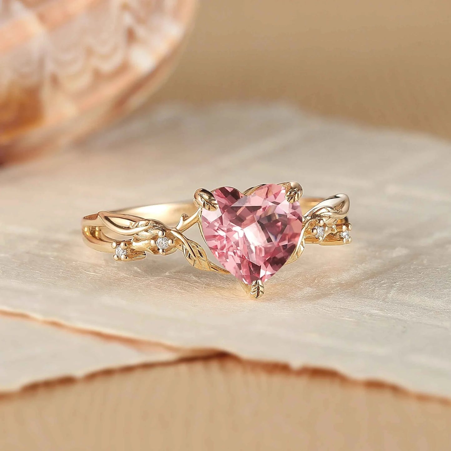 Nature Inspired Heart Cut Pink Sapphire Leafy Gemstone Ring