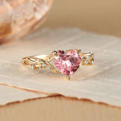 Nature Inspired Heart Cut Pink Sapphire Leafy Gemstone Ring