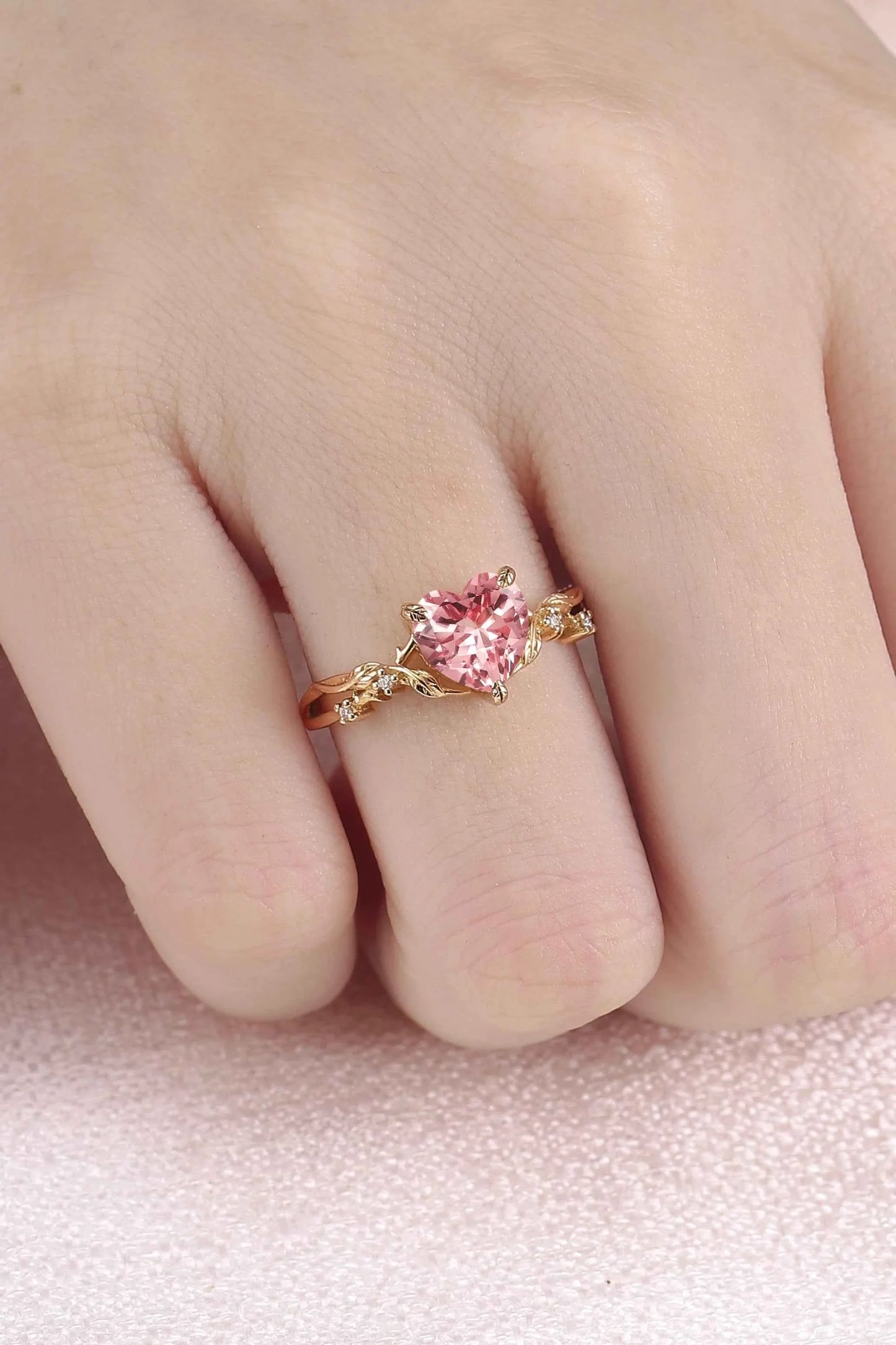 Nature Inspired Heart Cut Pink Sapphire Leafy Gemstone Ring
