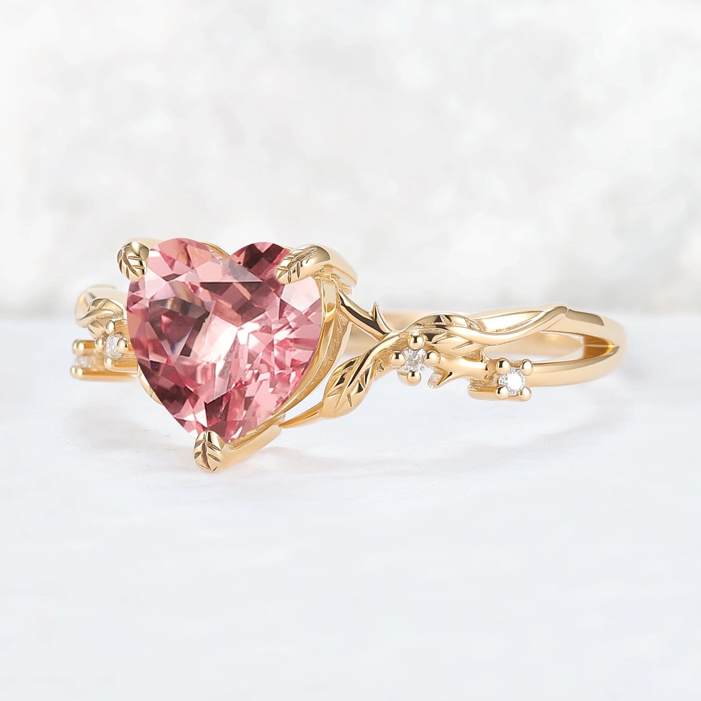 Nature Inspired Heart Cut Pink Sapphire Leafy Gemstone Ring