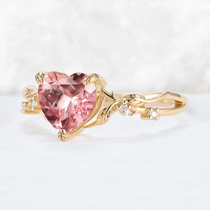 Nature Inspired Heart Cut Pink Sapphire Leafy Gemstone Ring