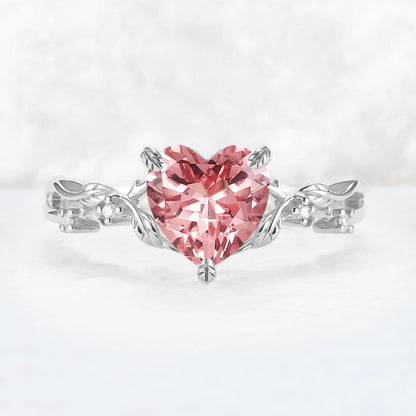 Nature Inspired Heart Cut Pink Sapphire Leafy Gemstone Ring