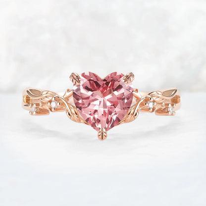 Nature Inspired Heart Cut Pink Sapphire Leafy Gemstone Ring