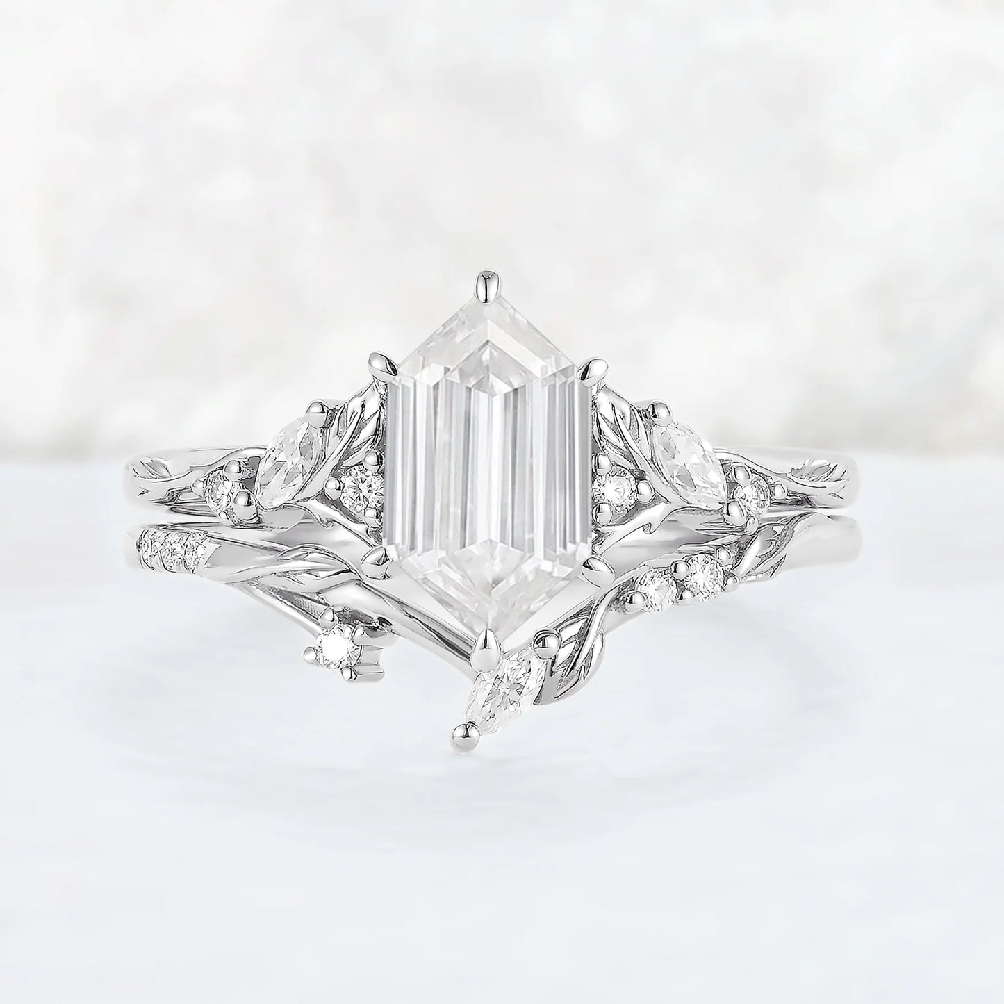 Nature Inspired Hexagon Cut Moissanite Leaf Gemstone Ring Set 2pcs