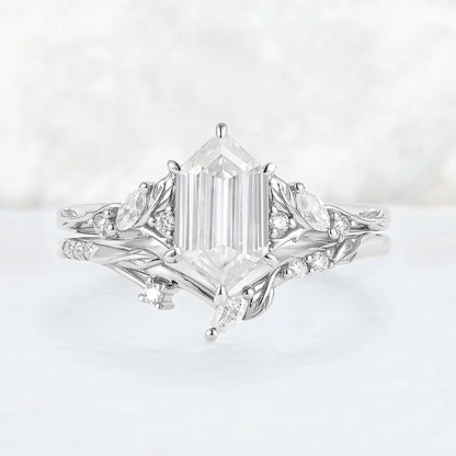 Nature Inspired Hexagon Cut Moissanite Leaf Gemstone Ring Set 2pcs
