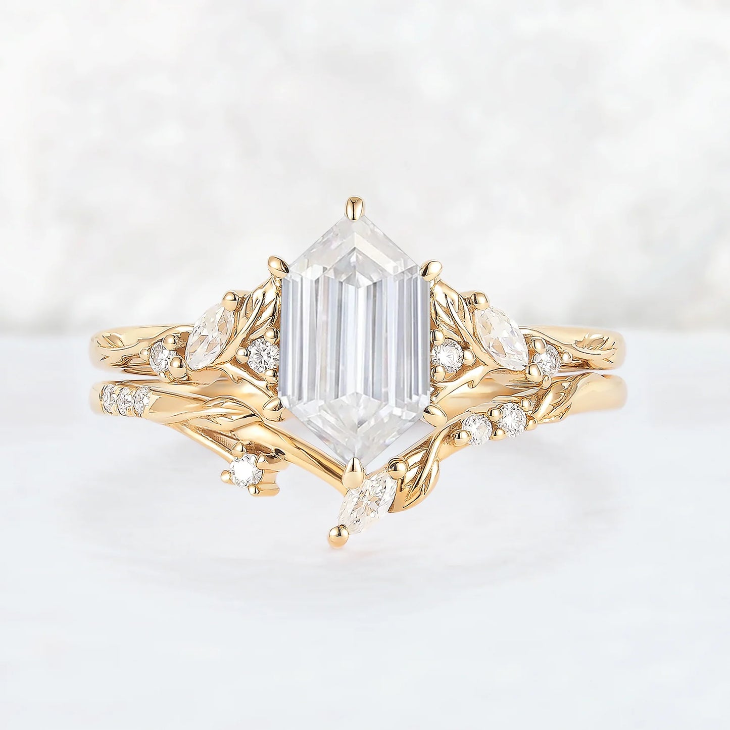 Nature Inspired Hexagon Cut Moissanite Leaf Gemstone Ring Set 2pcs