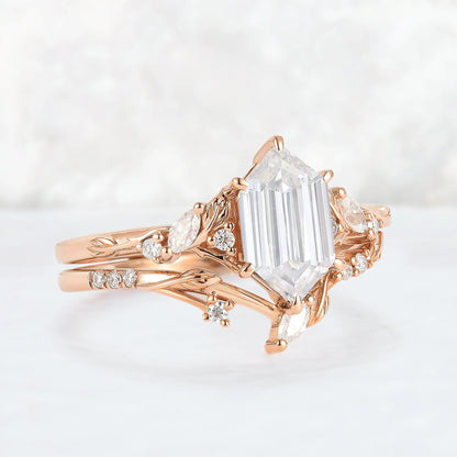 Nature Inspired Hexagon Cut Moissanite Leaf Gemstone Ring Set 2pcs