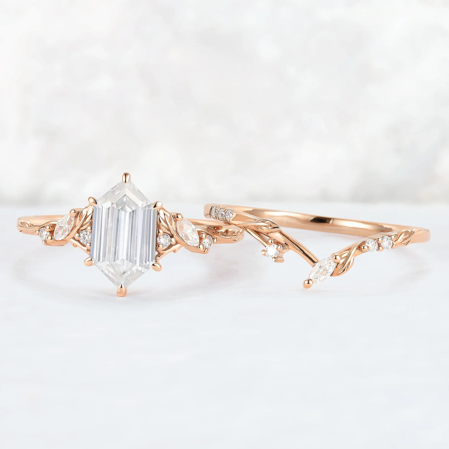 Nature Inspired Hexagon Cut Moissanite Leaf Gemstone Ring Set 2pcs