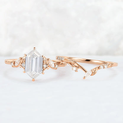 Nature Inspired Hexagon Cut Moissanite Leaf Gemstone Ring Set 2pcs