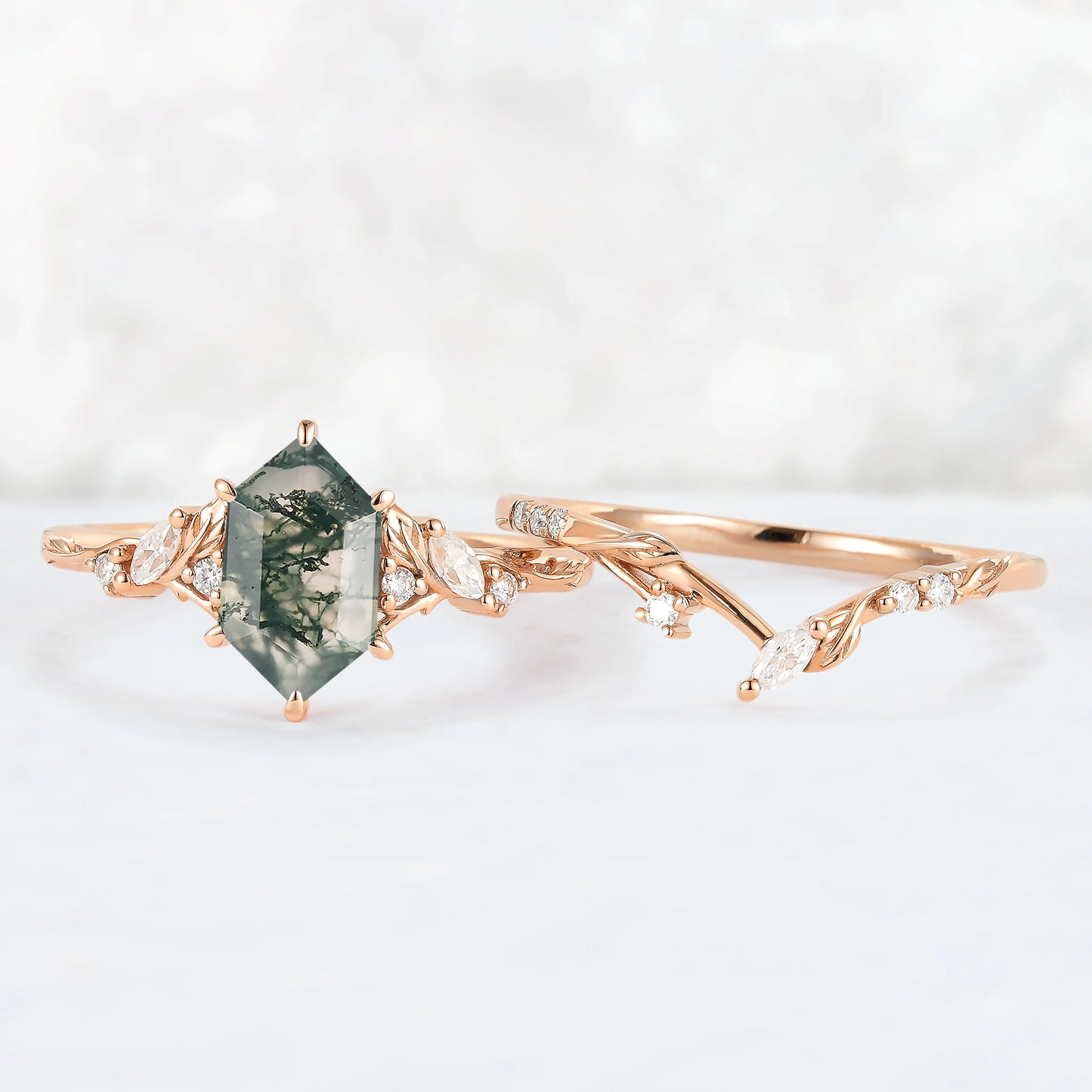 Nature Inspired Hexagon Cut Moss Agate Leaf Gemstone Ring Set 2pcs