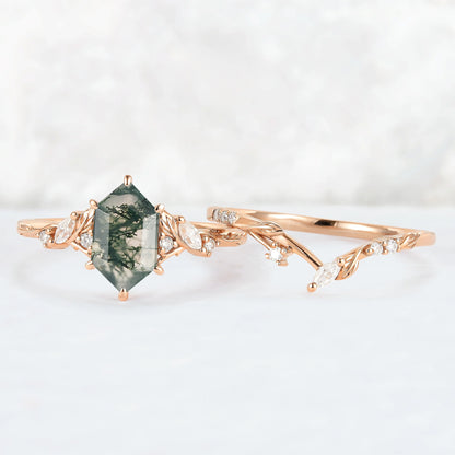 Nature Inspired Hexagon Cut Moss Agate Leaf Gemstone Ring Set 2pcs
