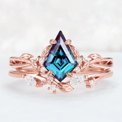 Nature Inspired Kite Cut Alexandrite Leaf Ring Set 2pcs