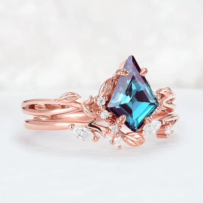 Nature Inspired Kite Cut Alexandrite Leaf Ring Set 2pcs