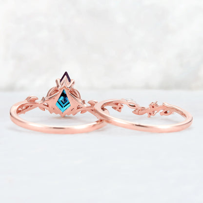 Nature Inspired Kite Cut Alexandrite Leaf Ring Set 2pcs