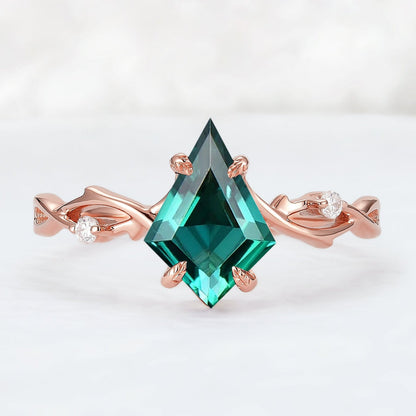 Nature Inspired Kite Cut Emerald Vine Gemstone Ring