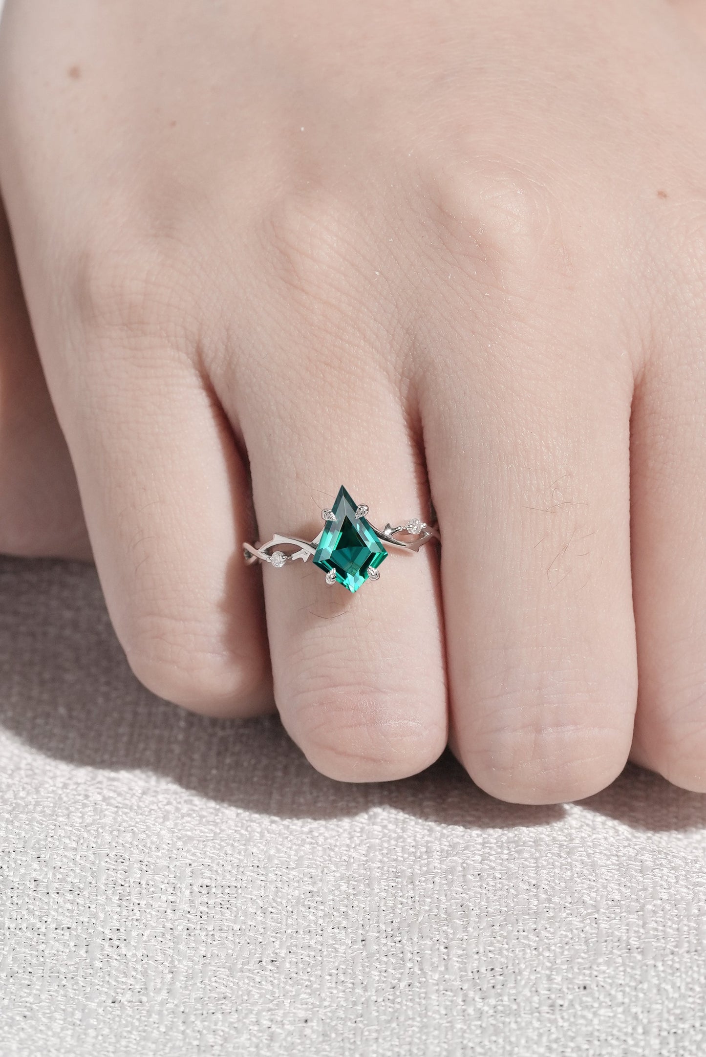 Nature Inspired Kite Cut Emerald Vine Gemstone Ring
