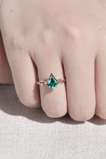 Nature Inspired Kite Cut Emerald Vine Gemstone Ring