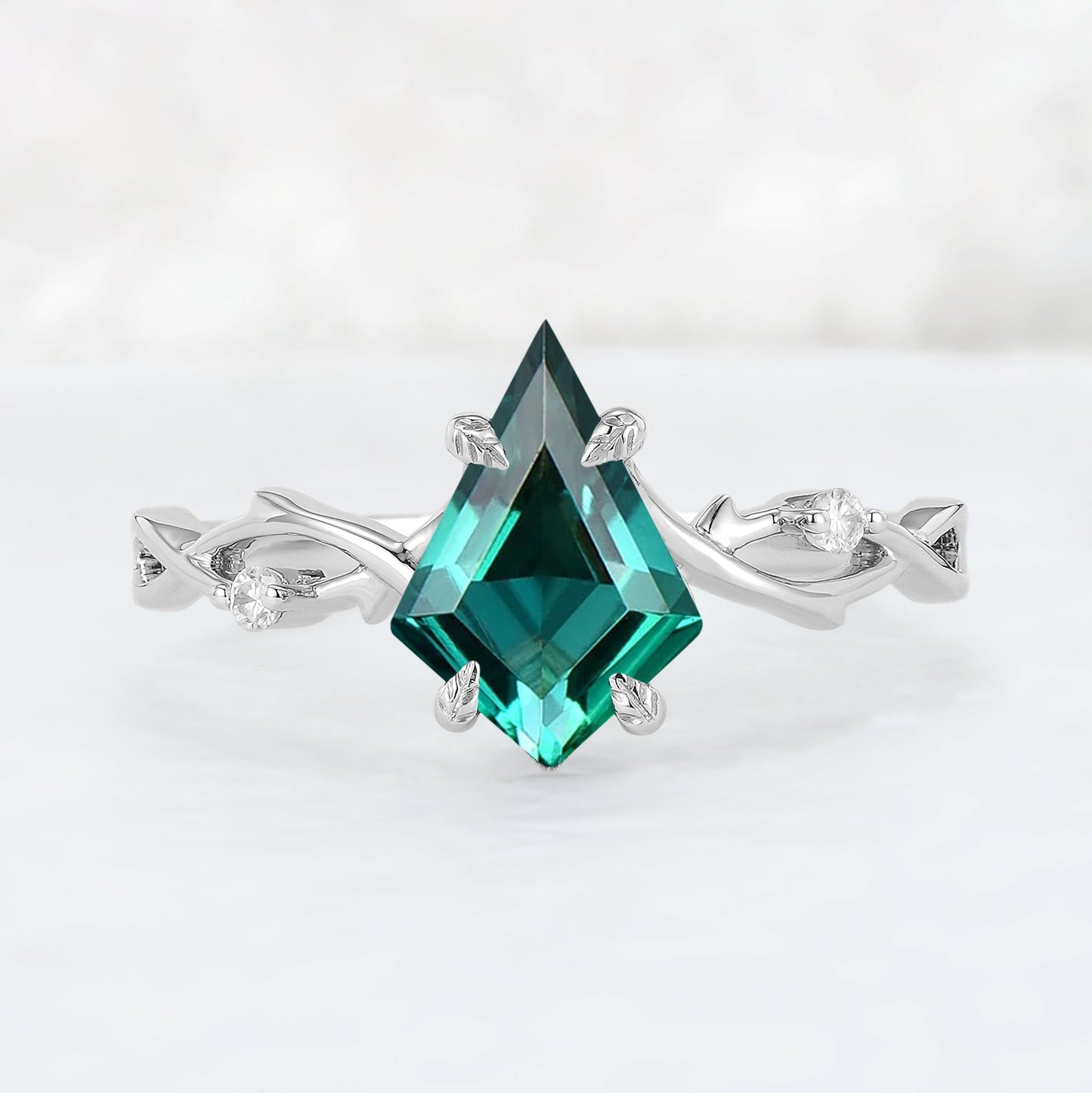 Nature Inspired Kite Cut Emerald Vine Gemstone Ring