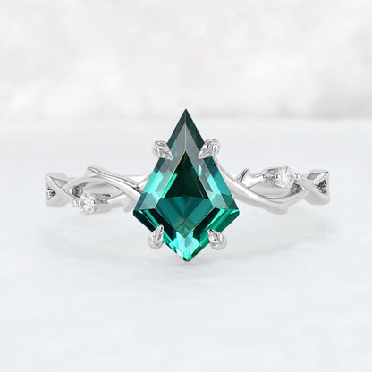 Nature Inspired Kite Cut Emerald Vine Gemstone Ring