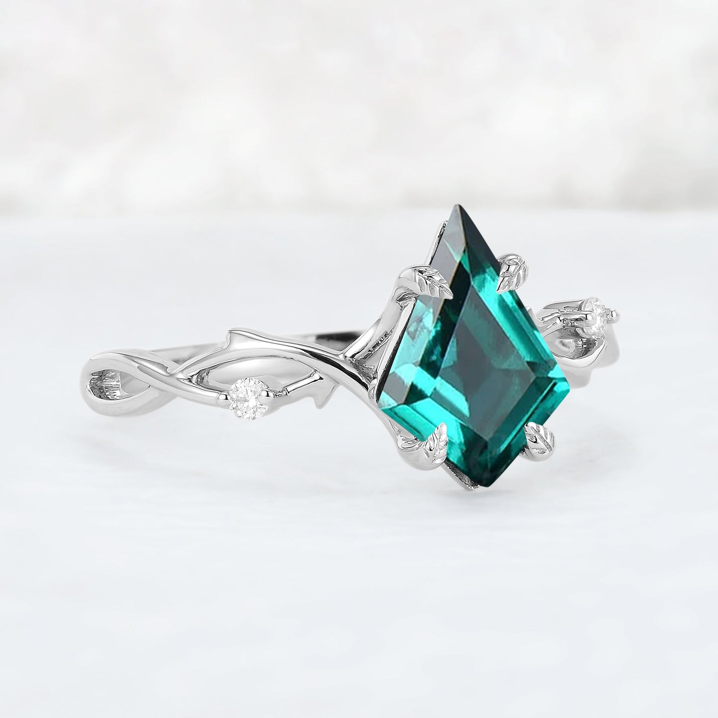 Nature Inspired Kite Cut Emerald Vine Gemstone Ring