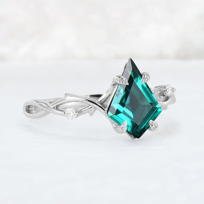 Nature Inspired Kite Cut Emerald Vine Gemstone Ring