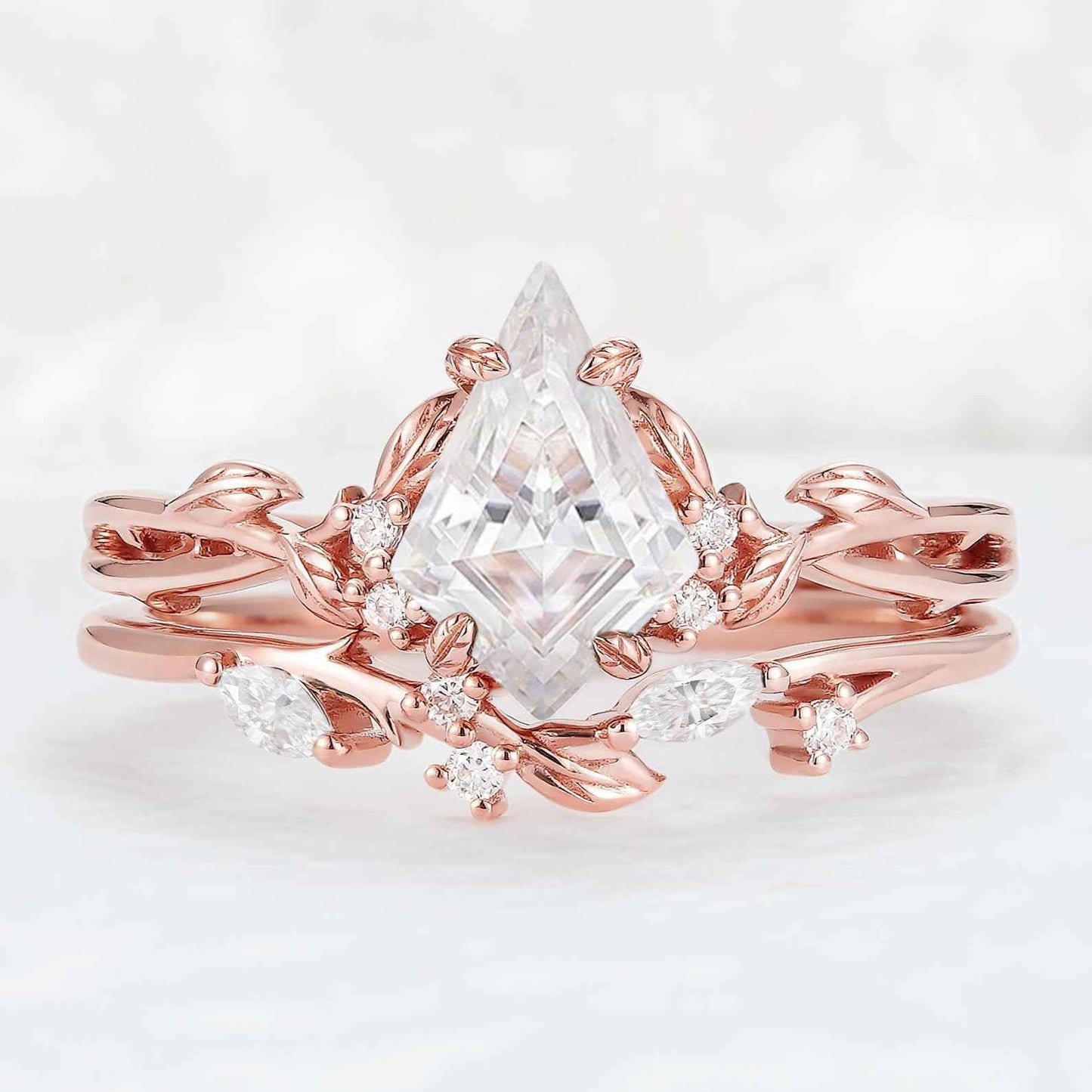 Nature Inspired Kite Cut Moissanite Leaf Gemstone Ring Set 2pcs