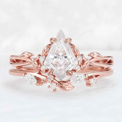 Nature Inspired Kite Cut Moissanite Leaf Gemstone Ring Set 2pcs