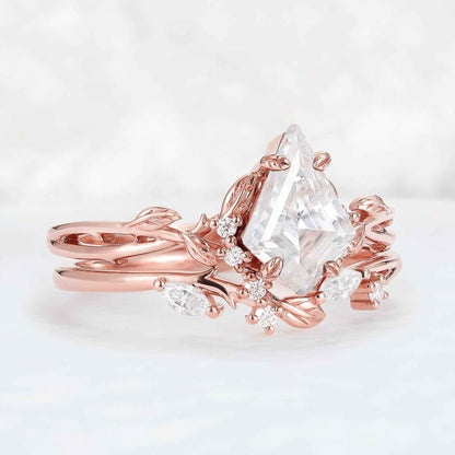 Nature Inspired Kite Cut Moissanite Leaf Gemstone Ring Set 2pcs