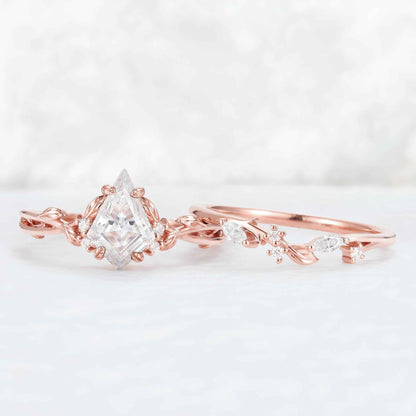 Nature Inspired Kite Cut Moissanite Leaf Gemstone Ring Set 2pcs