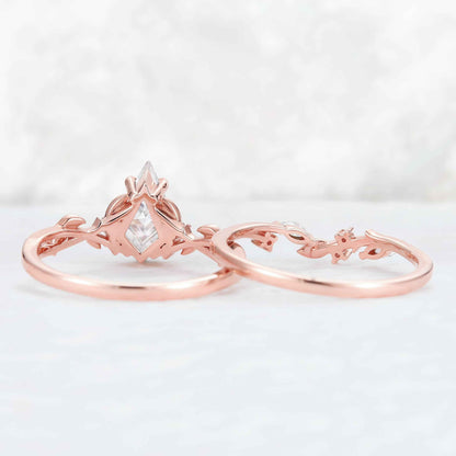 Nature Inspired Kite Cut Moissanite Leaf Gemstone Ring Set 2pcs