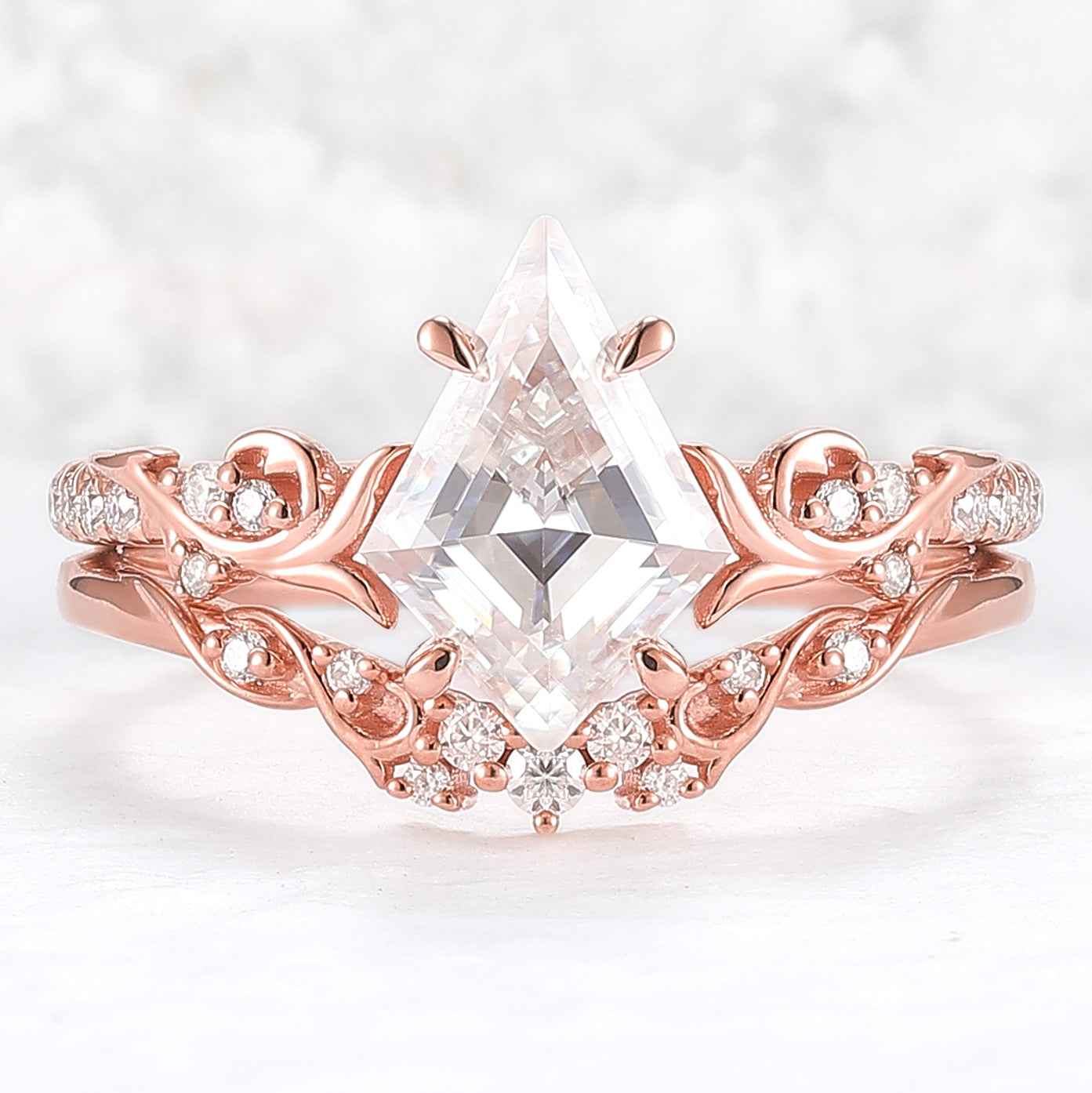 Nature Inspired Kite Cut Moissanite Vine Gemstone Ring Set 2pcs