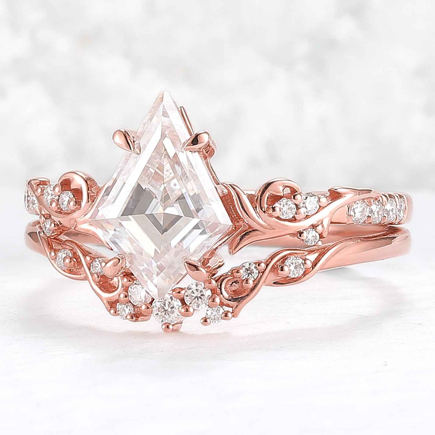 Nature Inspired Kite Cut Moissanite Vine Gemstone Ring Set 2pcs