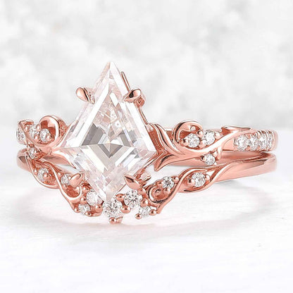 Nature Inspired Kite Cut Moissanite Vine Gemstone Ring Set 2pcs