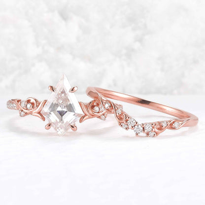 Nature Inspired Kite Cut Moissanite Vine Gemstone Ring Set 2pcs