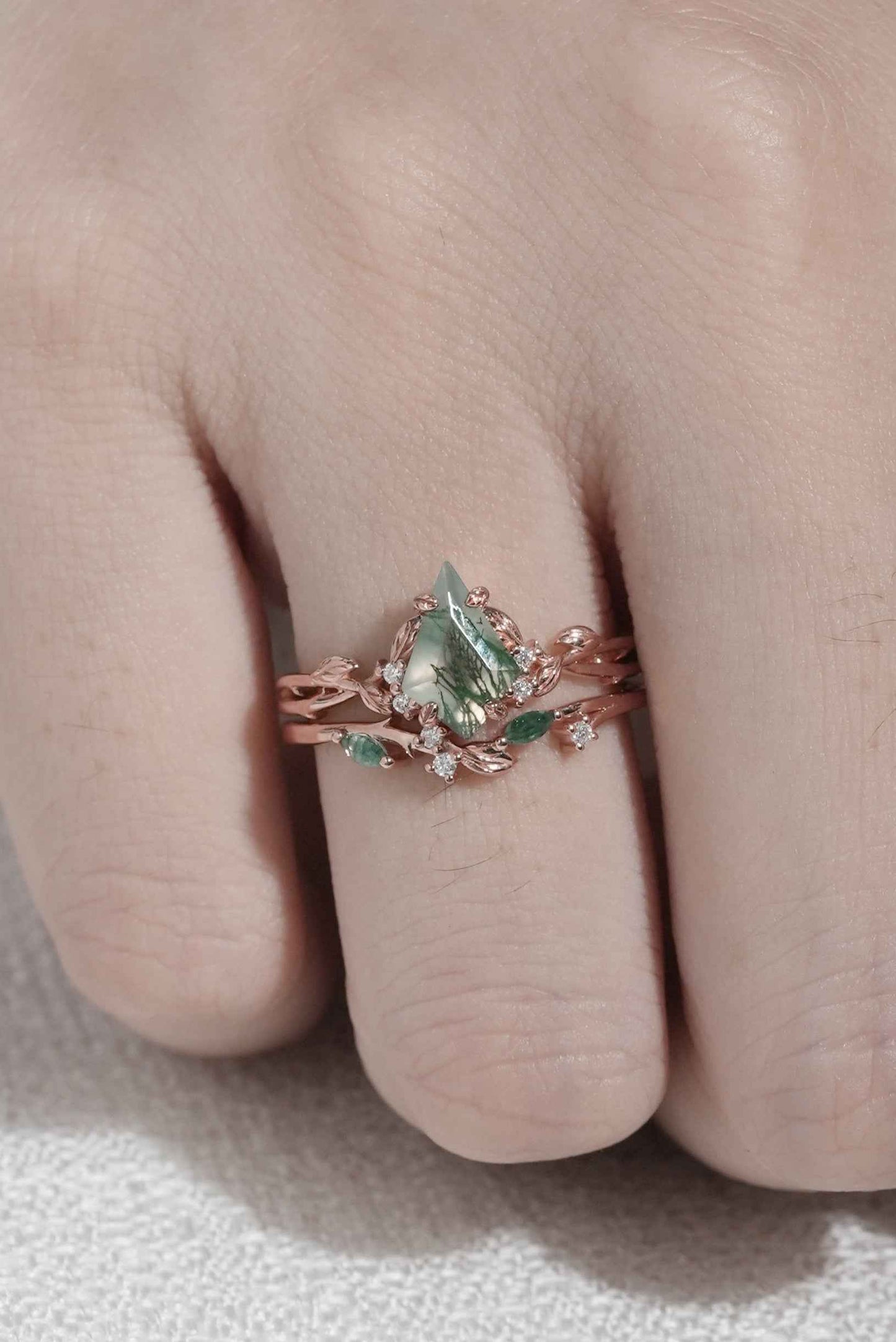 Nature Inspired Kite Cut Moss Agate Leaf Gemstone Ring Set 2pcs