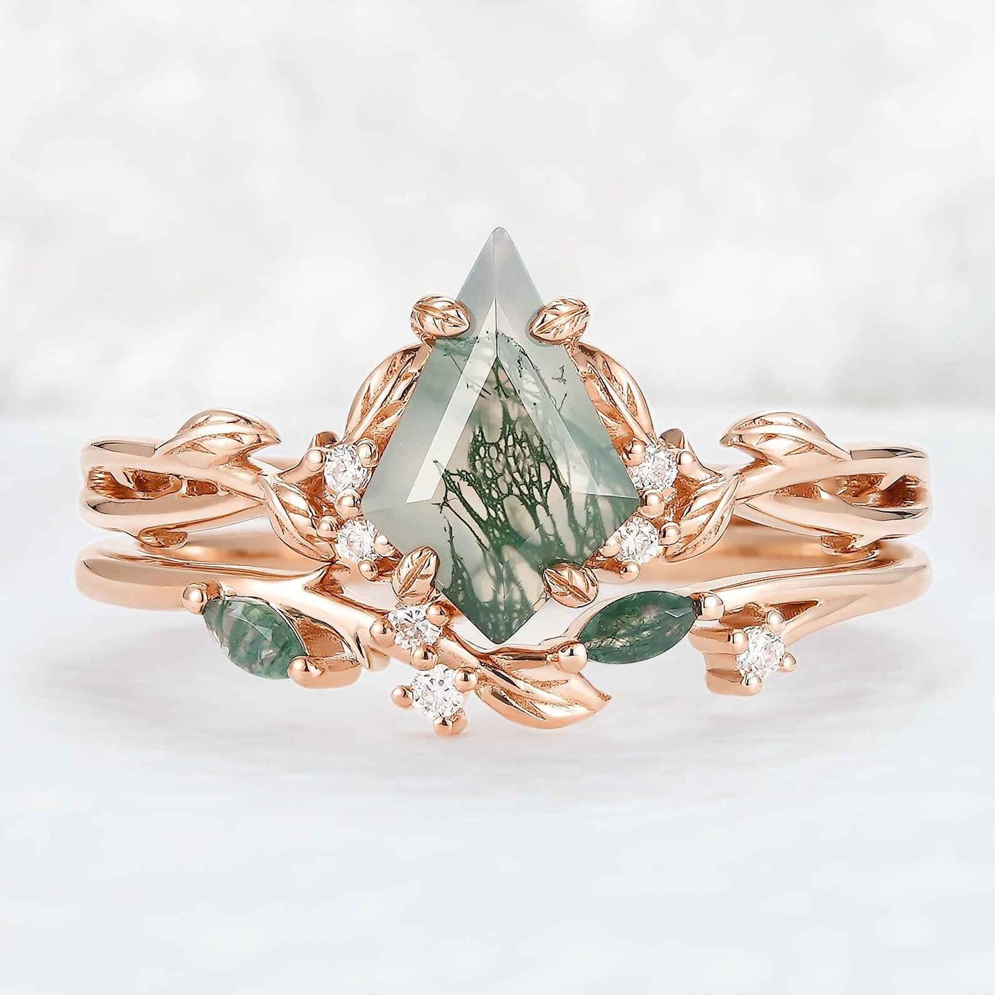 Nature Inspired Kite Cut Moss Agate Leaf Gemstone Ring Set 2pcs