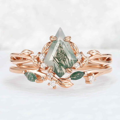 Nature Inspired Kite Cut Moss Agate Leaf Gemstone Ring Set 2pcs