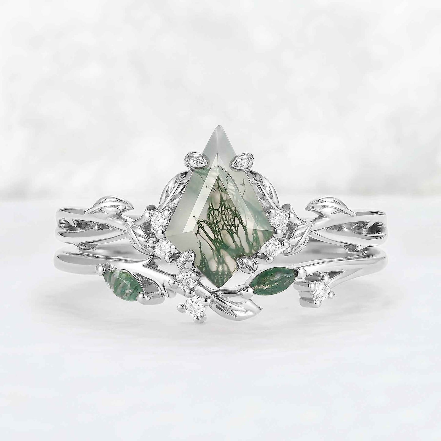 Nature Inspired Kite Cut Moss Agate Leaf Gemstone Ring Set 2pcs