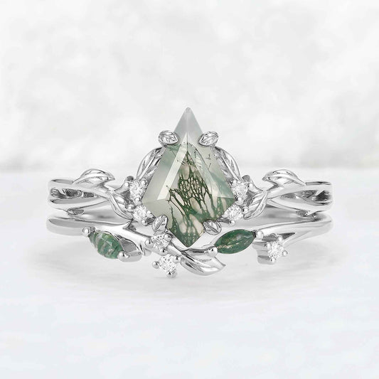 Nature Inspired Kite Cut Moss Agate Leaf Gemstone Ring Set 2pcs