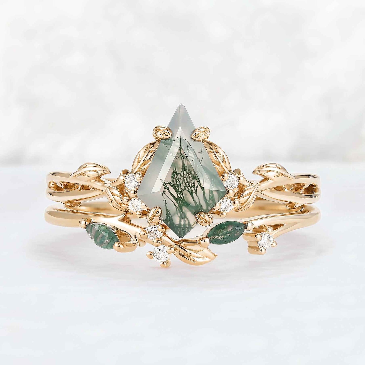 Nature Inspired Kite Cut Moss Agate Leaf Gemstone Ring Set 2pcs